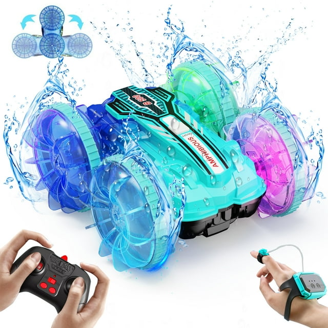 Amphibious Remote Control Car Boat, 4WD Gesture RC Car with Waterproof Remote Control, RC Stunt Car with LED Lights, Pool Toys for Kids Ages 8-12, Toys Gifts for Boys Girls