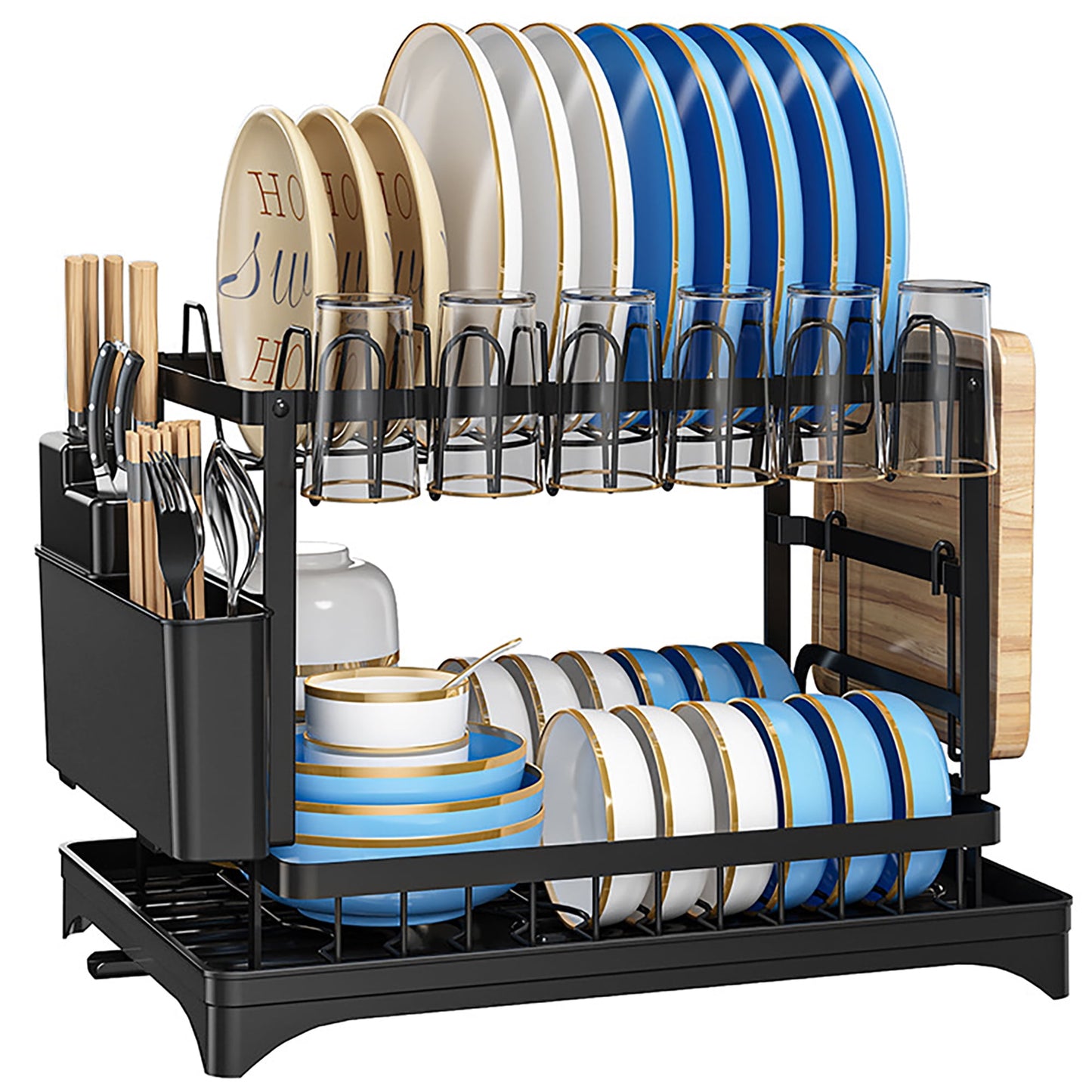 Dish Drying Rack for Kitchen Counter 2-Tier Dish Rack with Utensil Holder, Black