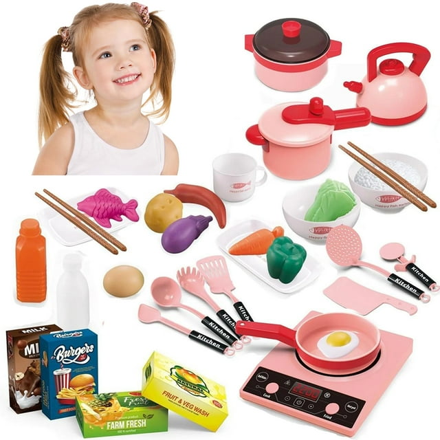 Kids Kitchen Accessories Set, Play Food Sets for Kids Kitchen, Kids Cooking Sets with Play Pots and Pans, Utensils Cookware Toys, Kids Kitchen Playset, Play Kitchen Toy for Girls Boys