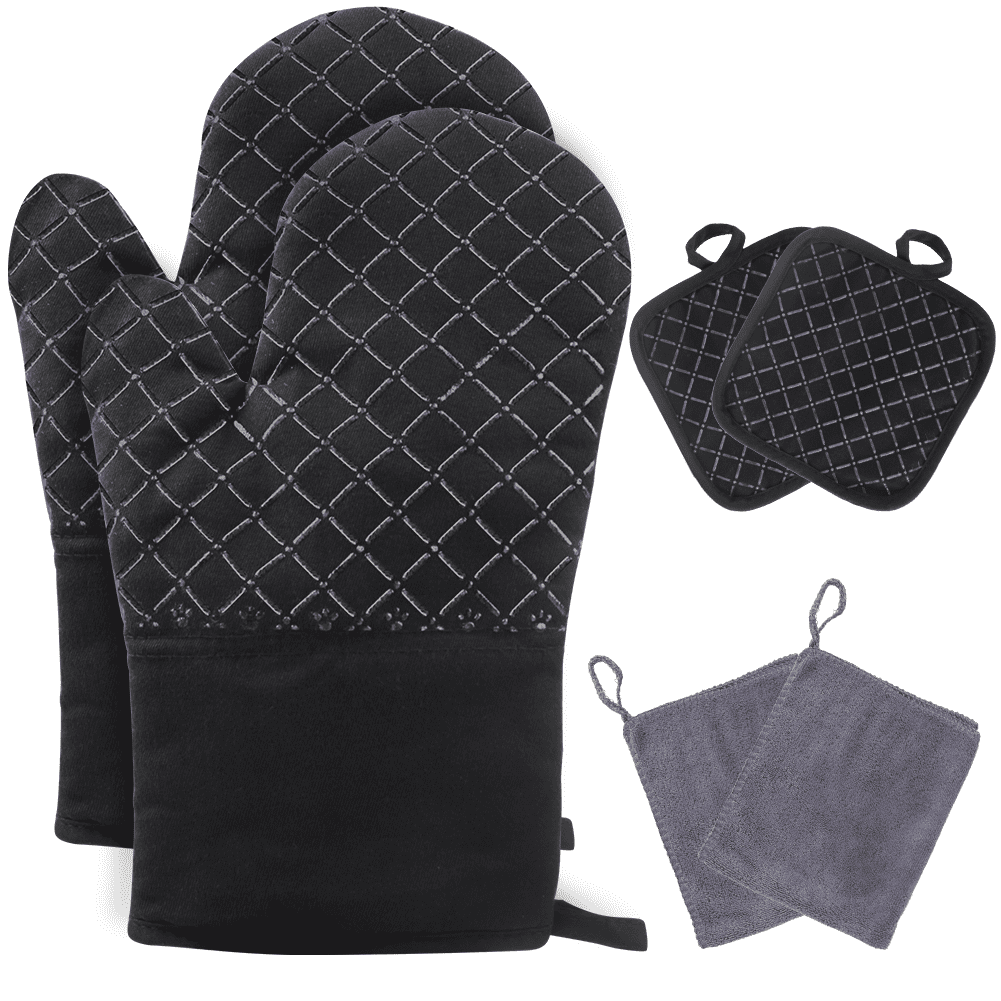 Silicone Oven Mitts and Pot Holders Sets Heat Resistant Non-Slip Gloves with Kitchen towel for Baking, Black