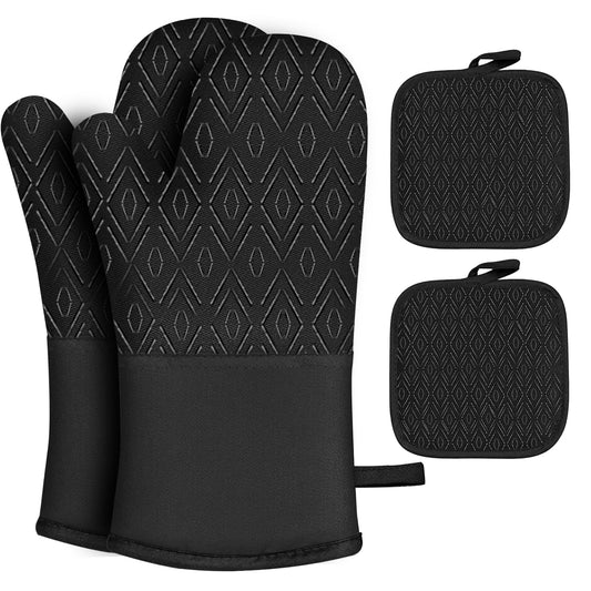 Silicone Oven Mitts and Pot Holder Set,Non Slip Heat Resistant Kitchen Gloves for Baking, Black 4Pcs