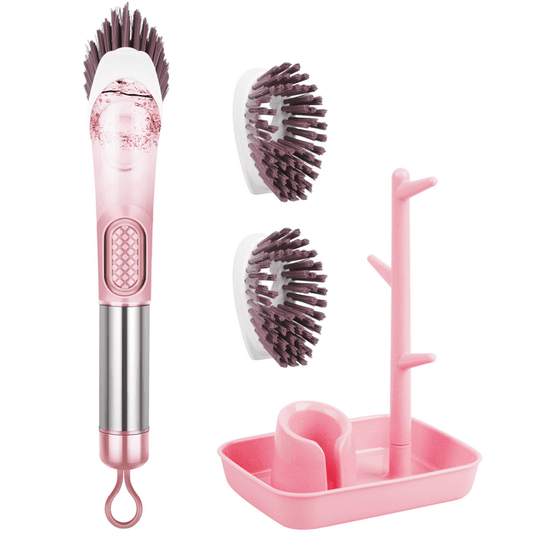 Soap Dispensing Dish Brush Set Kitchen Scrubber with Stainless Steel Handle Scrub Brush with 3 Replaceable Brush Heads and 1 Holder for Sink Pot Pan Cleaning