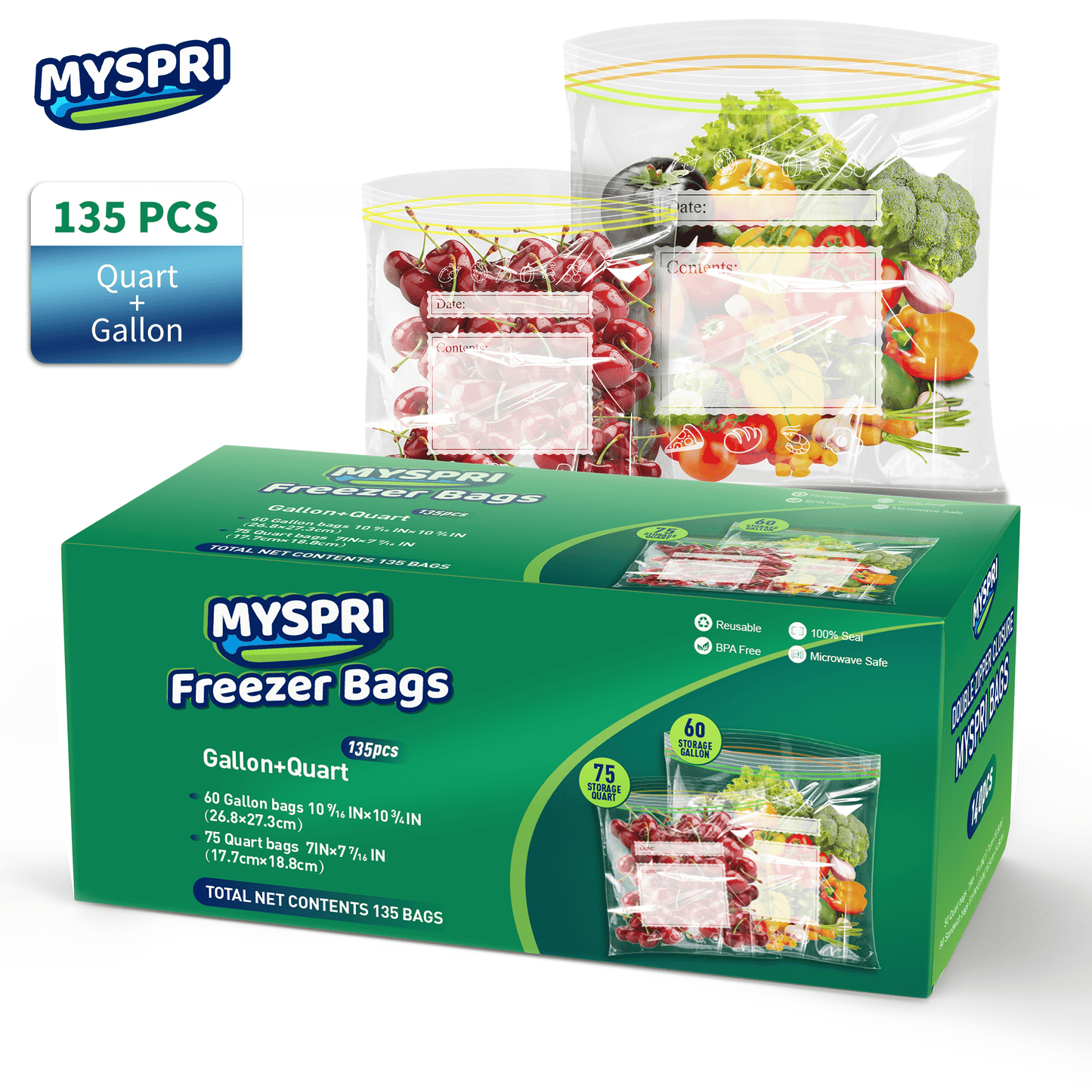 Freezer Bags Gallon Size 60 Count and Quart Food Storage Bags 75 Count