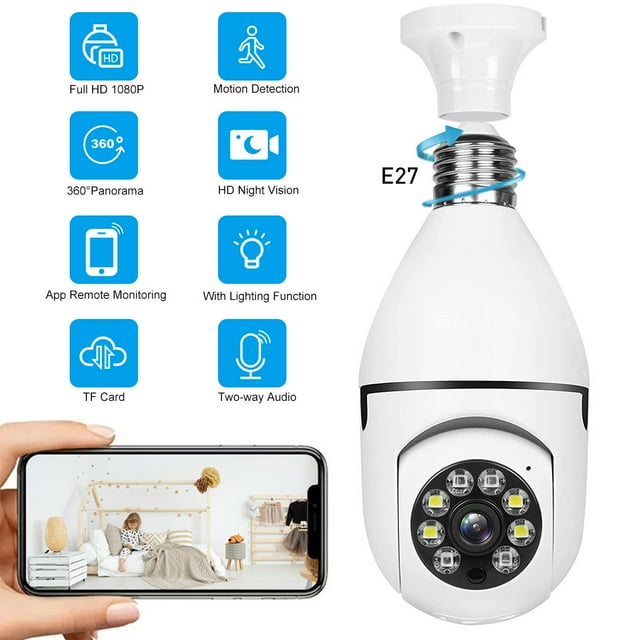 Home Security Camera Wireless WIFI Outdoor Surveillance Camera with Light Bulb 1080 HD Motion Detection 360 Degree Wide Angle