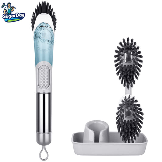 Soap Dispensing Dish Brush Set Kitchen Scrub Brush with Stand 3 Brush Replacement Heads