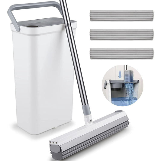 Sponge Mop and Bucket Set with Wringer - Floor Wet Mop with 3 PVA Sponge Heads for Floor Cleaning