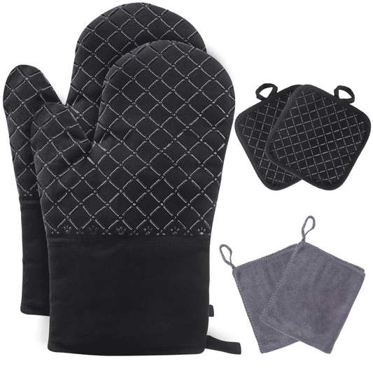 Silicone Oven Mitts and Pot Holders Sets Heat Resistant Non-Slip Gloves with Kitchen towel for Baking, Black